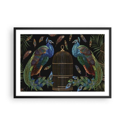 Affiche dans un cadre noir - Poster - Paons à côté d'une cage dorée sur fond noir - 70x50cm - En robes royales - Décoration murale moderne pour le salon et la chambre ARTTOR