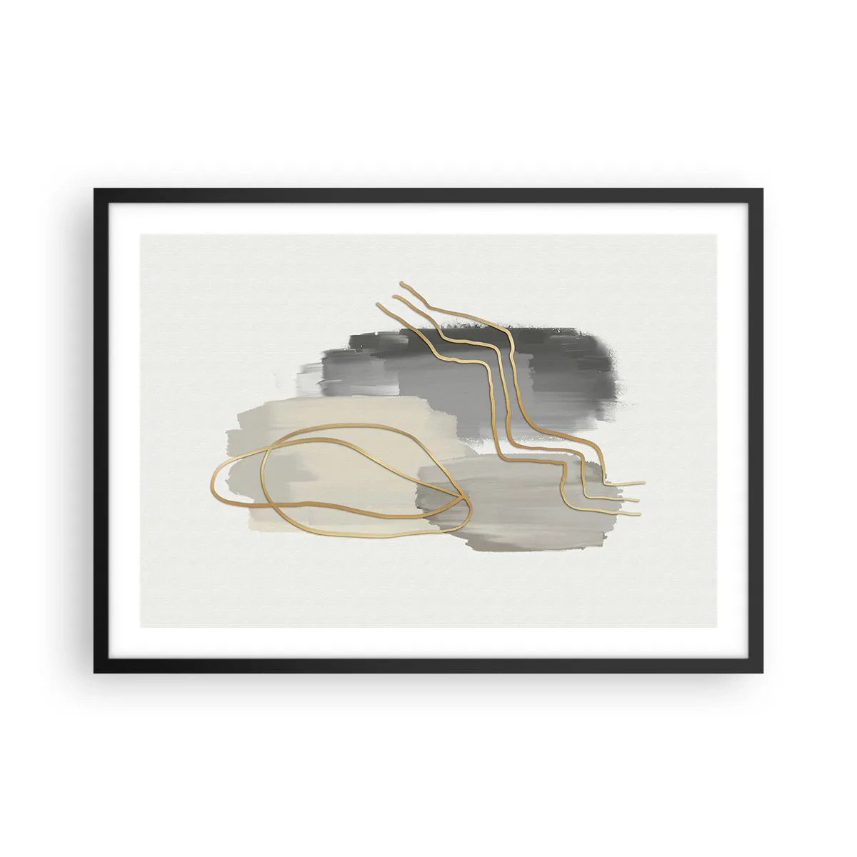 Affiche dans un cadre noir - Poster - Lignes dorées abstraites sur fond gris - 70x50cm - Durée et mouvement - Décoration murale moderne pour le salon et la chambre ARTTOR