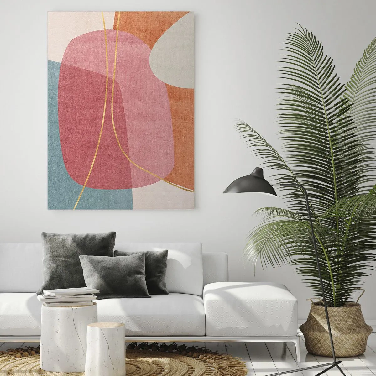 Impression sur verre - Image sur verre - Formes abstraites aux couleurs pastel avec des lignes délicates - 70x100cm - Composition pastel au fil d'or - Décoration murale moderne pour le salon et la chambre ARTTOR