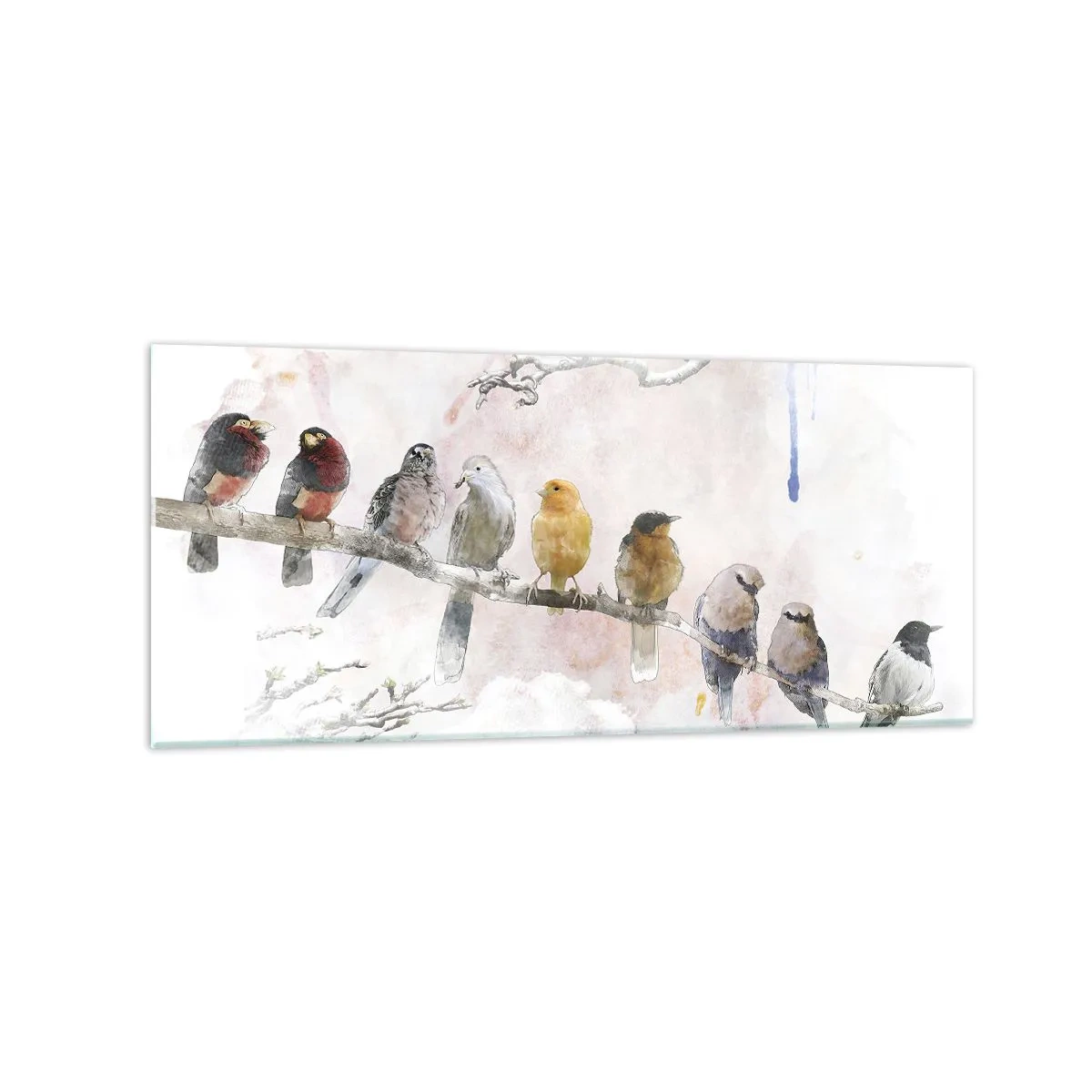 Impression sur verre - Image sur verre - Oiseaux colorés sur une branche dans un style aquarelle - 120x50cm - Rencontre ailée - Décoration murale moderne pour le salon et la chambre ARTTOR