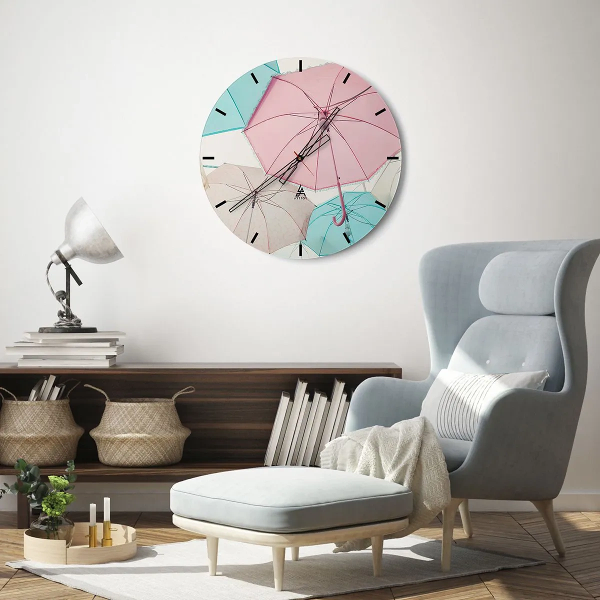 Horloge murale - Pendule murale - Parapluies aux couleurs pastel - 30x30cm - Parfois le soleil, parfois la pluie - Décoration murale moderne pour le salon, la cuisine et la chambre ARTTOR