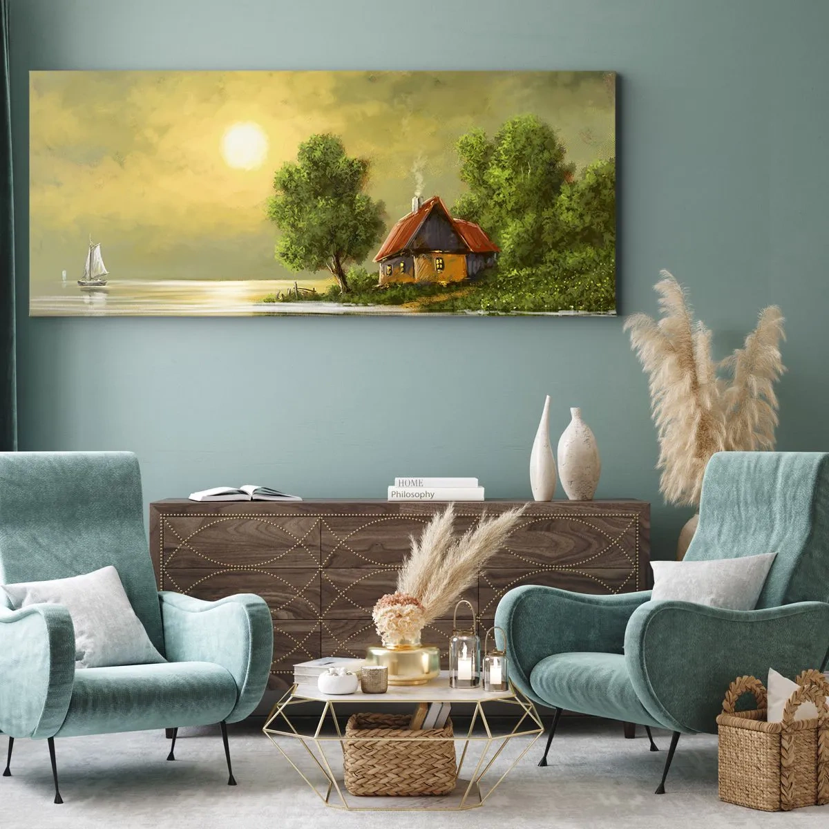 Impression sur toile - Image sur toile - Maison au bord du lac dans la lumière du coucher du soleil - 120x50cm - Beau, comme une image - Décoration murale moderne pour le salon et la chambre ARTTOR