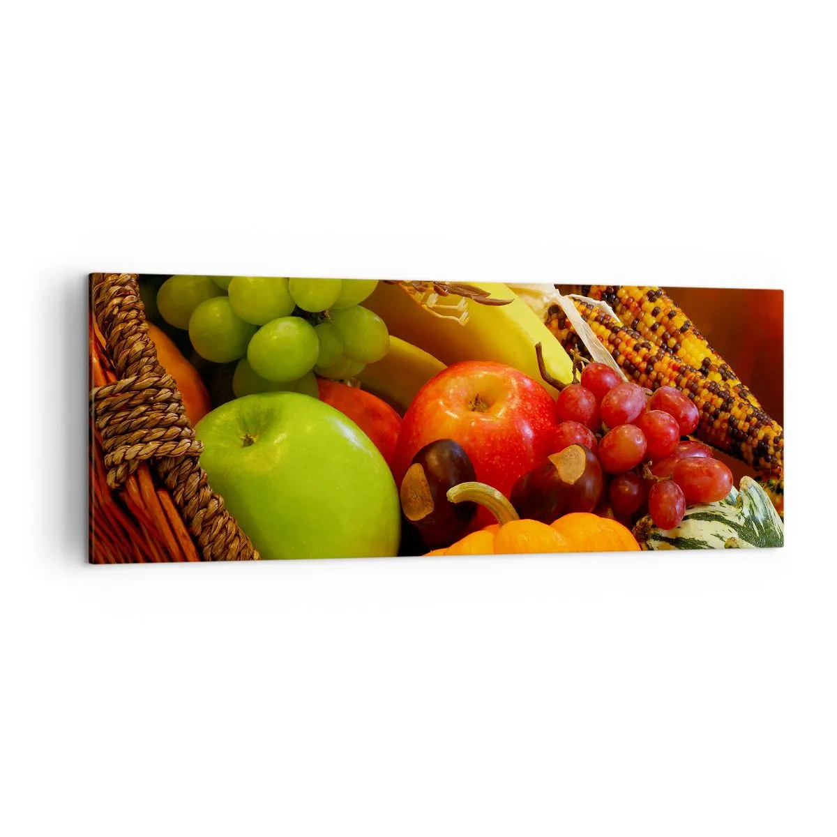 Impression sur toile - Image sur toile - Un panier de fruits, de citrouilles et de maïs sur fond de couleurs d'automne. - 140x50cm - Panier de récolte - Décoration murale moderne pour le salon et la chambre ARTTOR