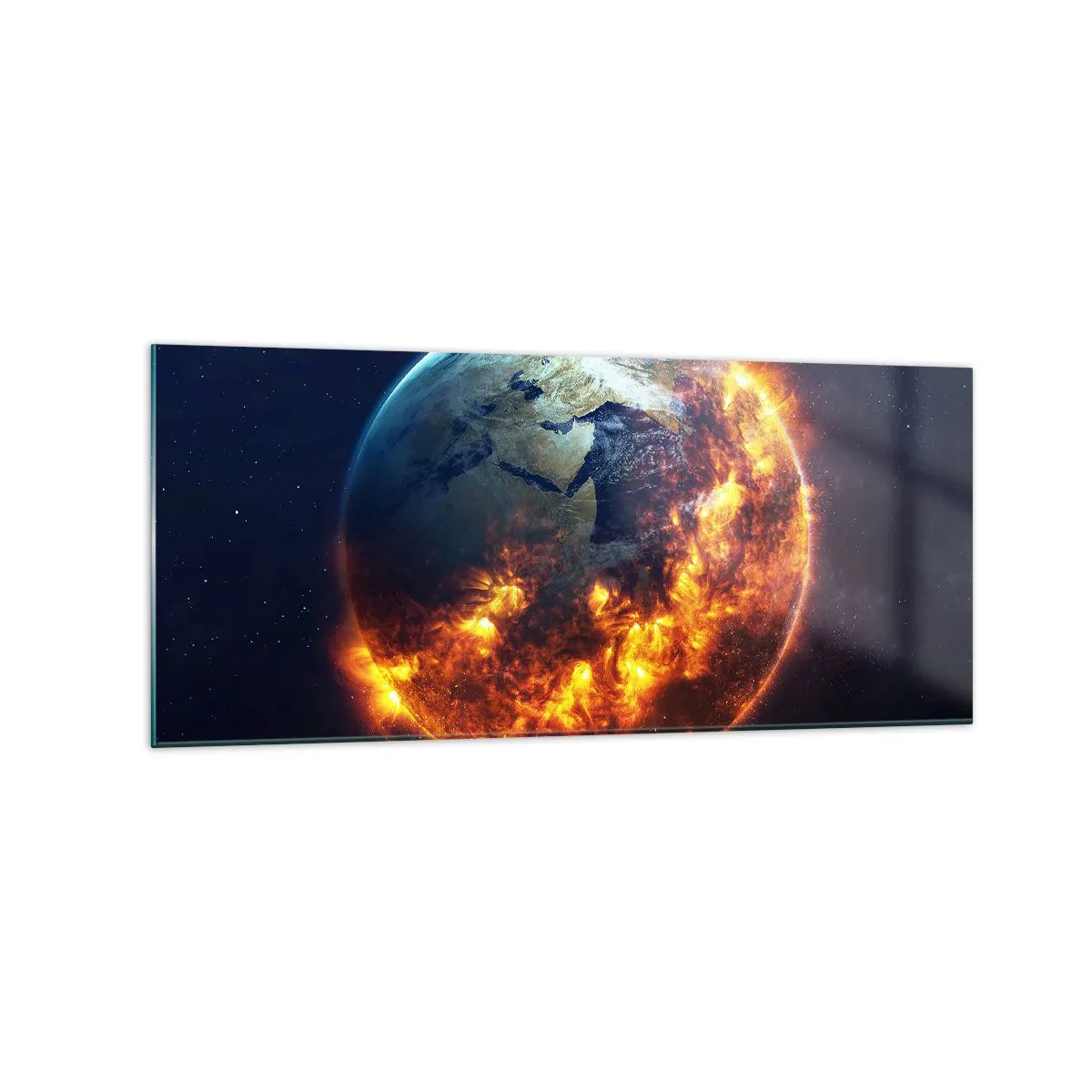 Impression sur verre - Image sur verre - La planète Terre en feu dans l'espace - 120x50cm - La flamme de l'apocalypse - Décoration murale moderne pour le salon et la chambre ARTTOR