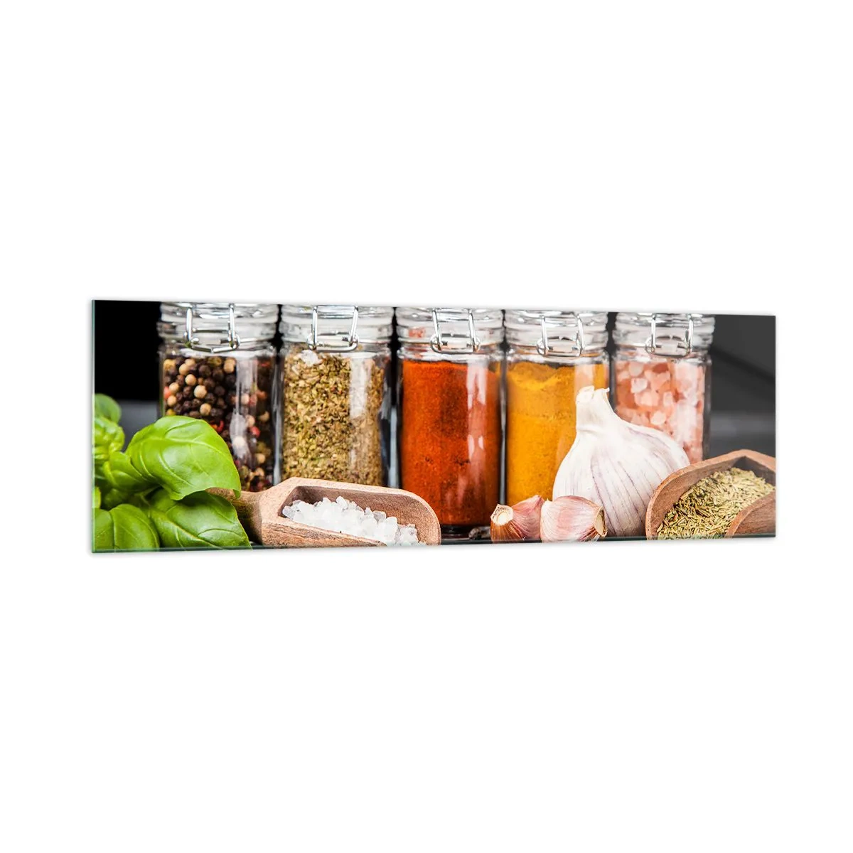 Impression sur verre - Image sur verre - Herbes et épices dans des bocaux en verre sur fond sombre - 160x50cm - Pour que la vie ait du goût - Décoration murale moderne pour le salon et la chambre ARTTOR