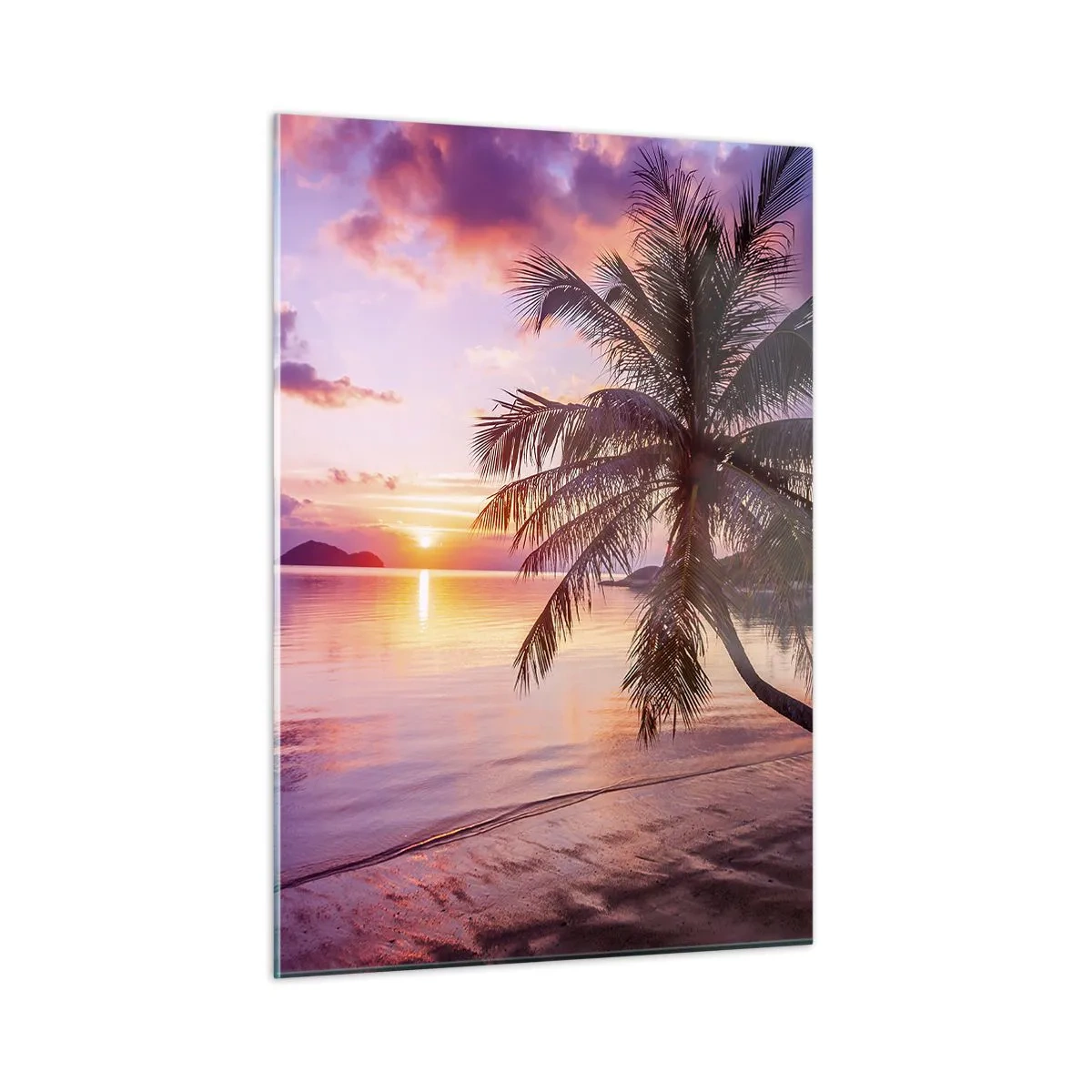 Impression sur verre - Image sur verre - Plage exotique avec un palmier au coucher du soleil - 50x70cm - Le bonheur à l'horizon - Décoration murale moderne pour le salon et la chambre ARTTOR