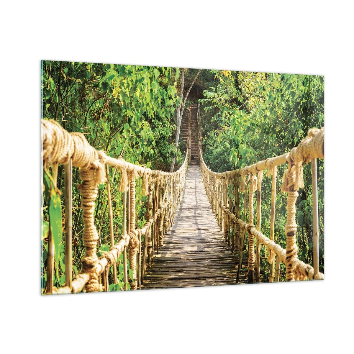 Impression sur verre - Image sur verre - Un pont de corde en bois entouré d'une végétation luxuriante - 100x70cm - Suspendu dans la nature - Décoration murale moderne pour le salon et la chambre ARTTOR