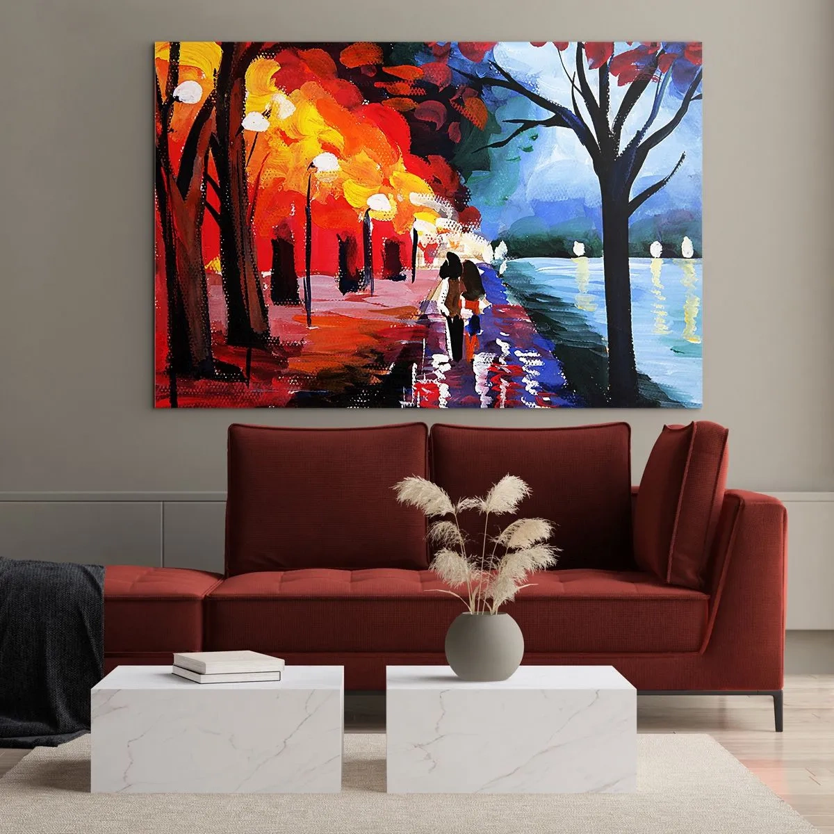 Impression sur verre - Image sur verre - Un couple se promenant dans un parc coloré le soir - 100x70cm - Automne flamboyant dans le parc - Décoration murale moderne pour le salon et la chambre ARTTOR