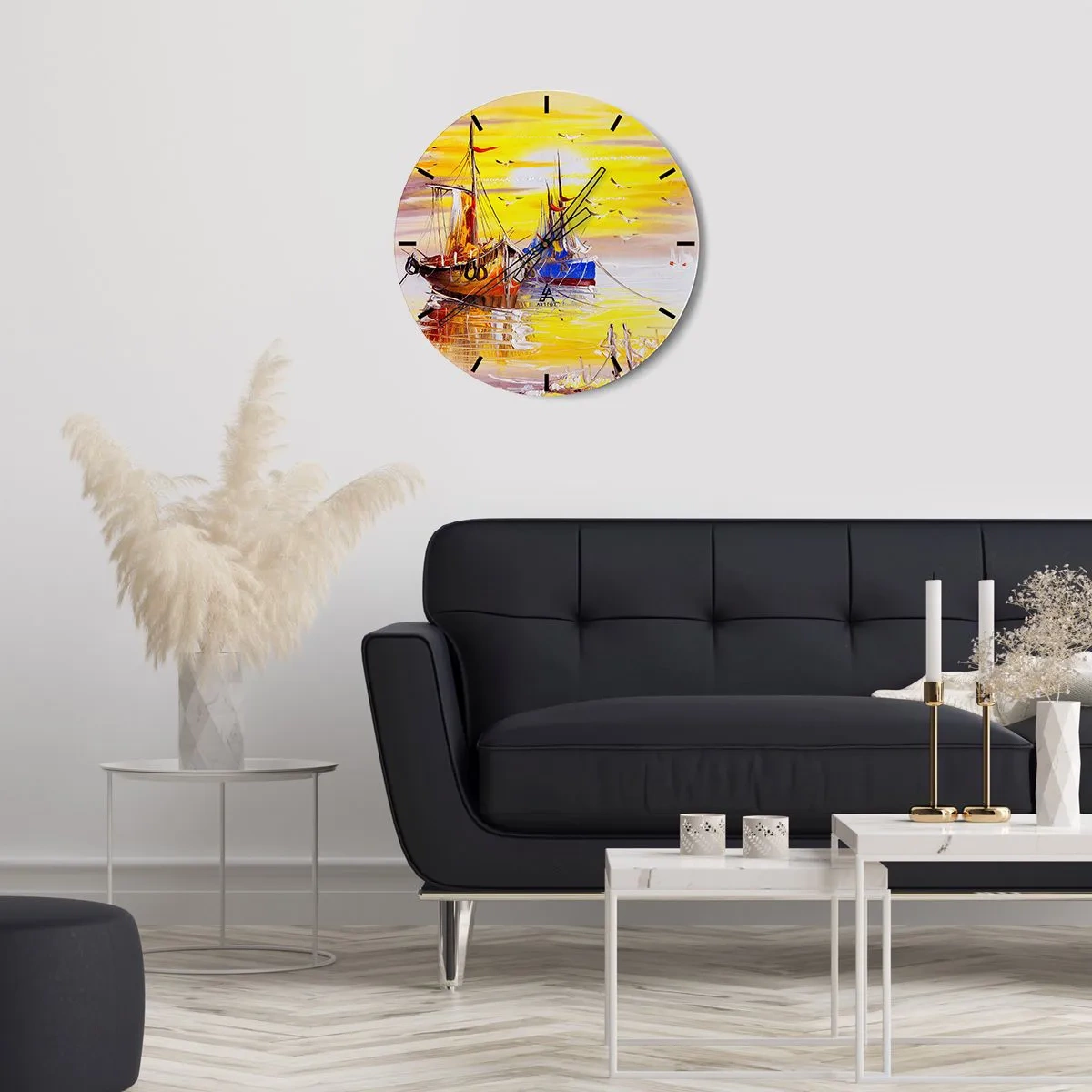 Horloge murale - Pendule murale - Voiliers pittoresques au coucher du soleil - 30x30cm - Un repos bien mérité au port - Décoration murale moderne pour le salon, la cuisine et la chambre ARTTOR