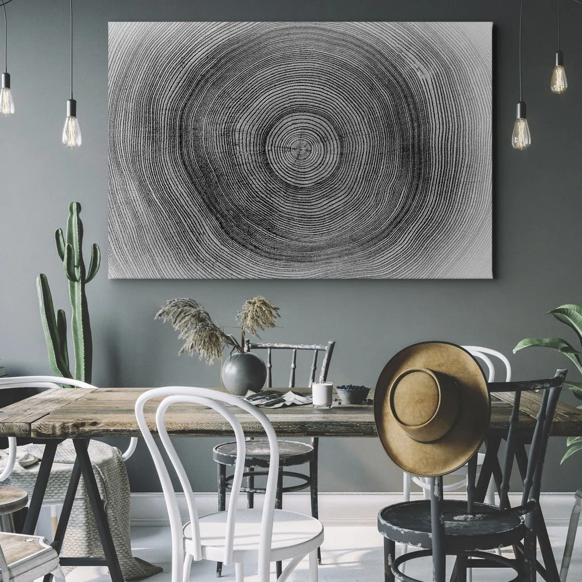 Impression sur toile - Image sur toile - Motif de cernes d'arbre noir et blanc montrant une coupe transversale du tronc - 120x80cm - Signe du temps - Décoration murale moderne pour le salon et la chambre ARTTOR