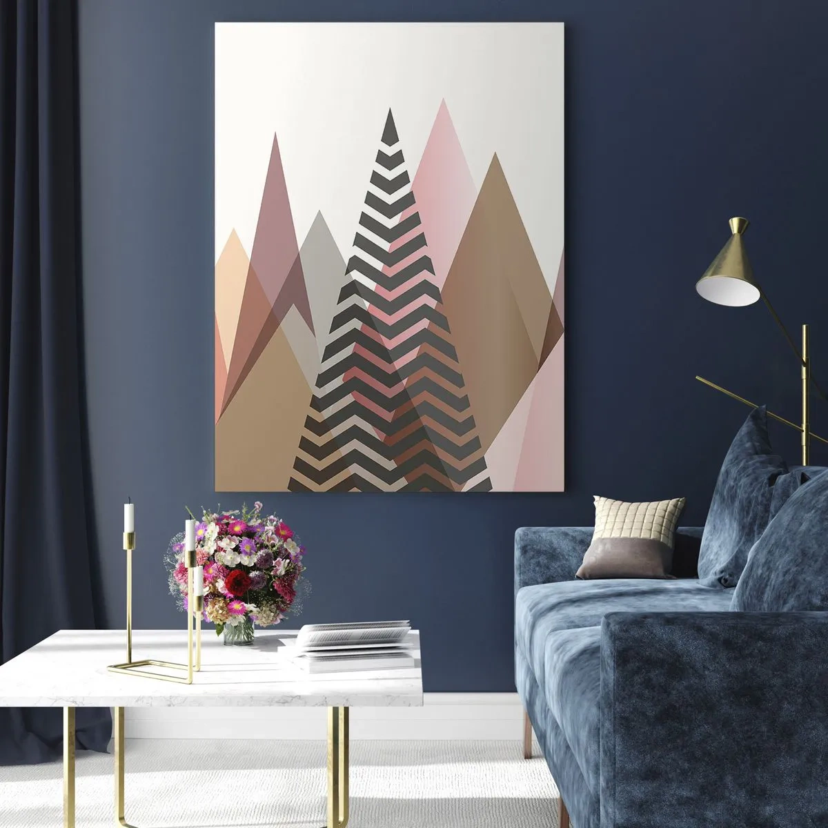 Impression sur verre - Image sur verre - Montagnes géométriques colorées aux tons pastel - 80x120cm - Vue pyramidale - Décoration murale moderne pour le salon et la chambre ARTTOR