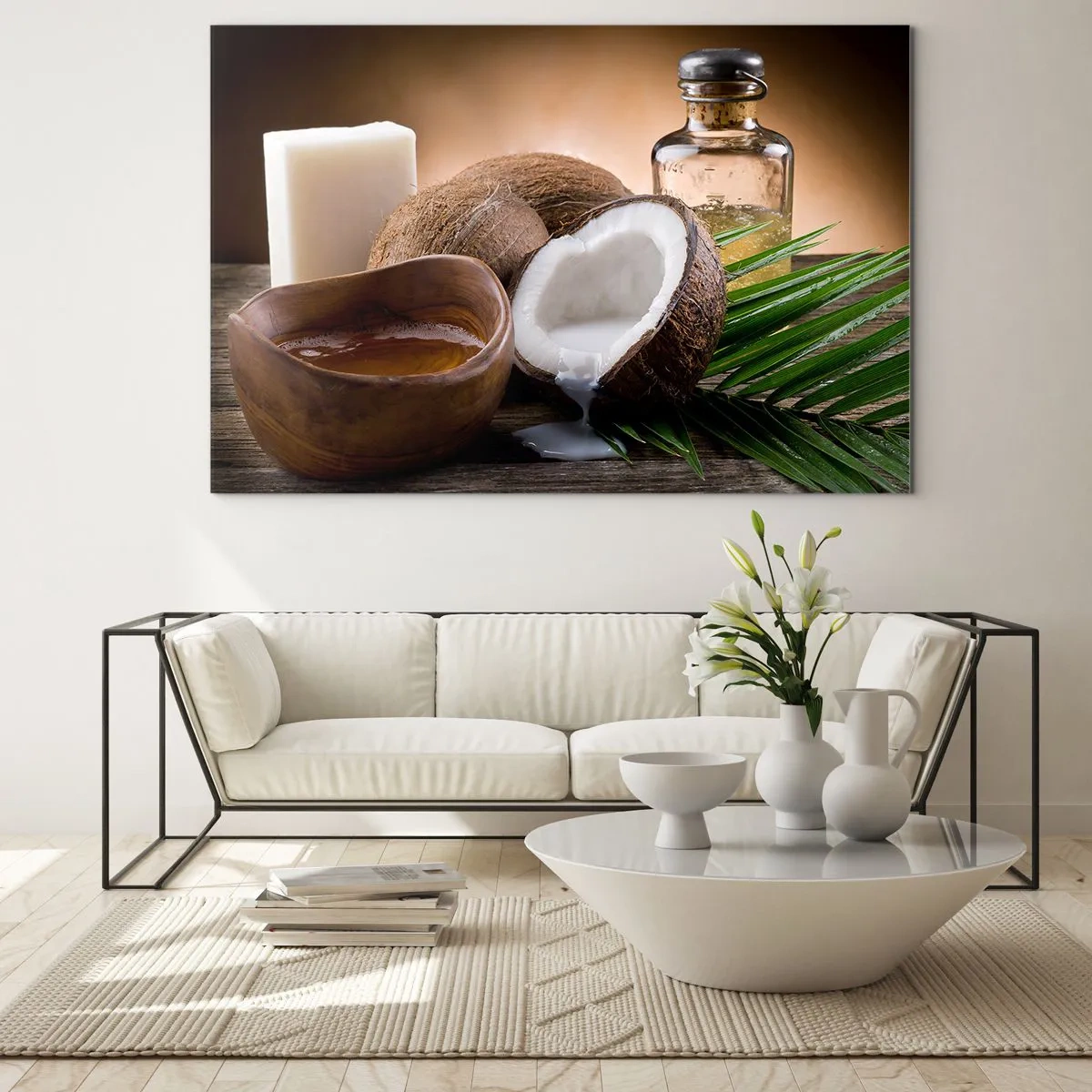 Impression sur verre - Image sur verre - Ingrédients naturels avec de la noix de coco et de l'huile sur un fond en bois - 120x80cm - Santé des îles tropicales - Décoration murale moderne pour le salon et la chambre ARTTOR