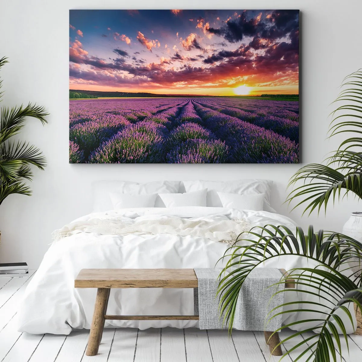 Impression sur toile - Image sur toile - Un champ de lavande au coucher du soleil avec un ciel coloré - 100x70cm - Monde de lavande - Décoration murale moderne pour le salon et la chambre ARTTOR