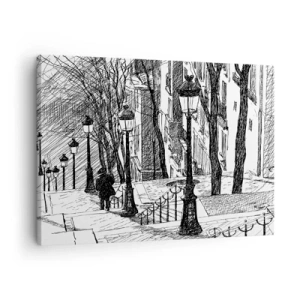 Impression sur toile - Image sur toile - Une rue avec des lampadaires et une silhouette humaine en technique d'esquisse - 70x50cm - Une histoire d'amour ou une histoire d'horreur ? - Décoration murale moderne pour le salon et la chambre ARTTOR