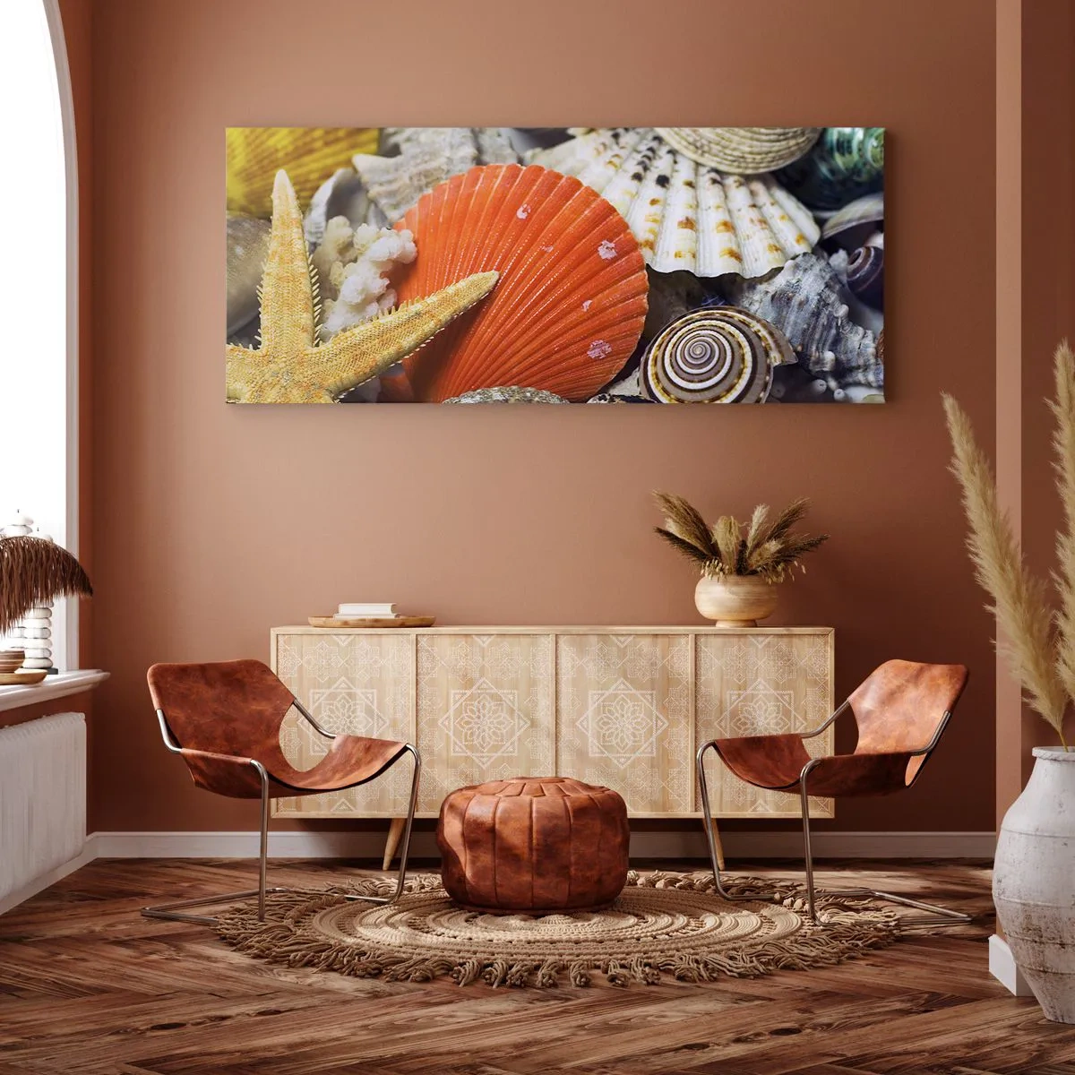 Impression sur toile - Image sur toile - Coquillages et étoiles de mer dans une composition marine - 140x50cm - Trésors de l'océan - Décoration murale moderne pour le salon et la chambre ARTTOR