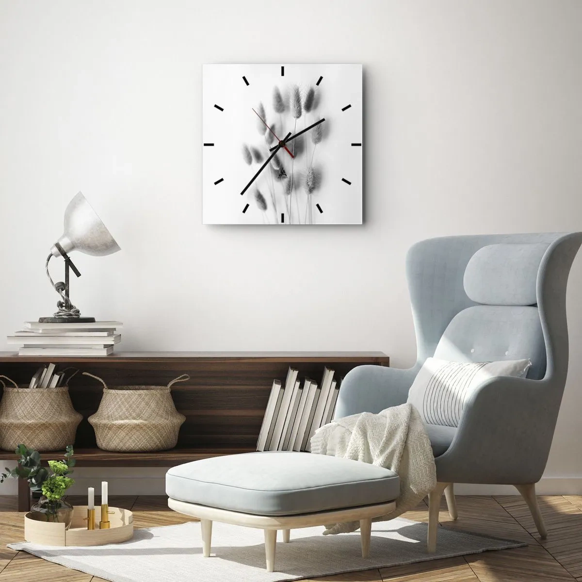 Horloge murale - Pendule murale - Graminées délicates dans des tons de gris sur fond blanc - 30x30cm - Son herbe duveteuse - Décoration murale moderne pour le salon et la chambre ARTTOR