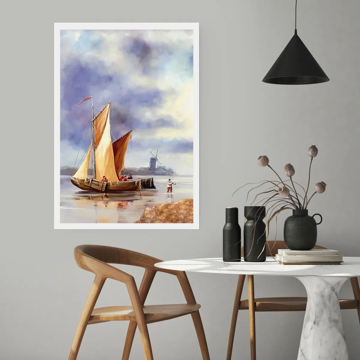 Affiche - Poster - Un voilier sur le rivage avec un moulin à vent en arrière-plan - 50x70cm - Retour de marin - Décoration murale moderne pour le salon et la chambre ARTTOR