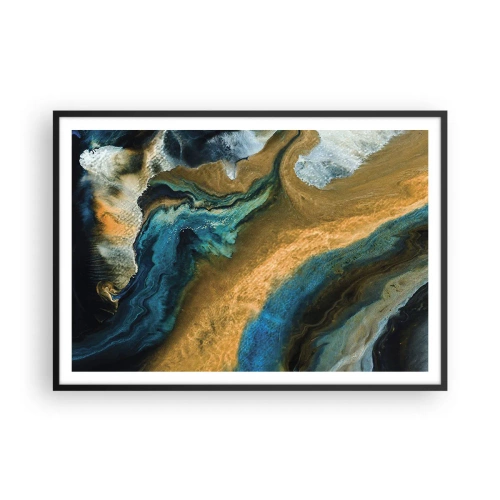 Affiche dans un cadre noir - Poster - Vagues abstraites dans des tons d'or et de bleu - 100x70cm - Bleu - jaune - influences mutuelles - Décoration murale moderne pour le salon et la chambre ARTTOR