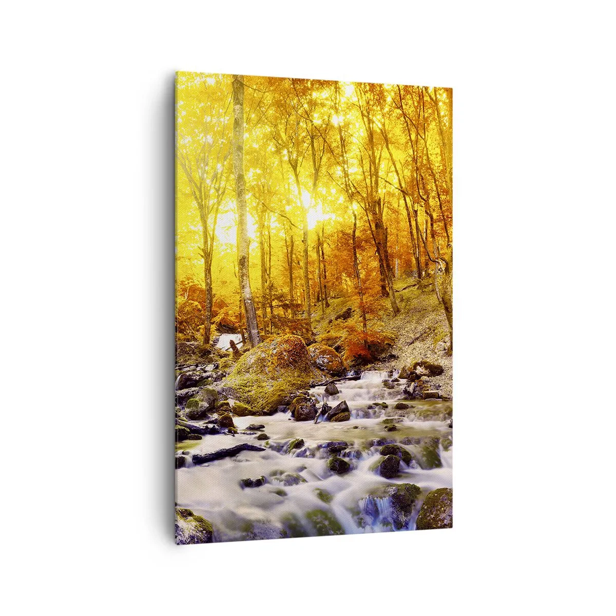Impression sur toile - Image sur toile - Forêt d'automne avec un ruisseau parmi les feuilles dorées - 80x120cm - Pierres serties d'or et de platine - Décoration murale moderne pour le salon et la chambre ARTTOR