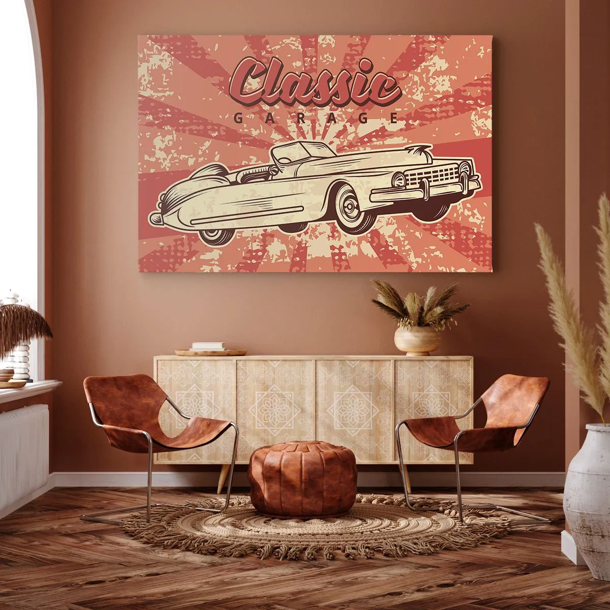 Impression sur toile - Image sur toile - Affiche rétro avec une voiture classique et les mots Classic Garage - 70x50cm - Et à la radio, Elvis - Décoration murale moderne pour le salon et la chambre ARTTOR