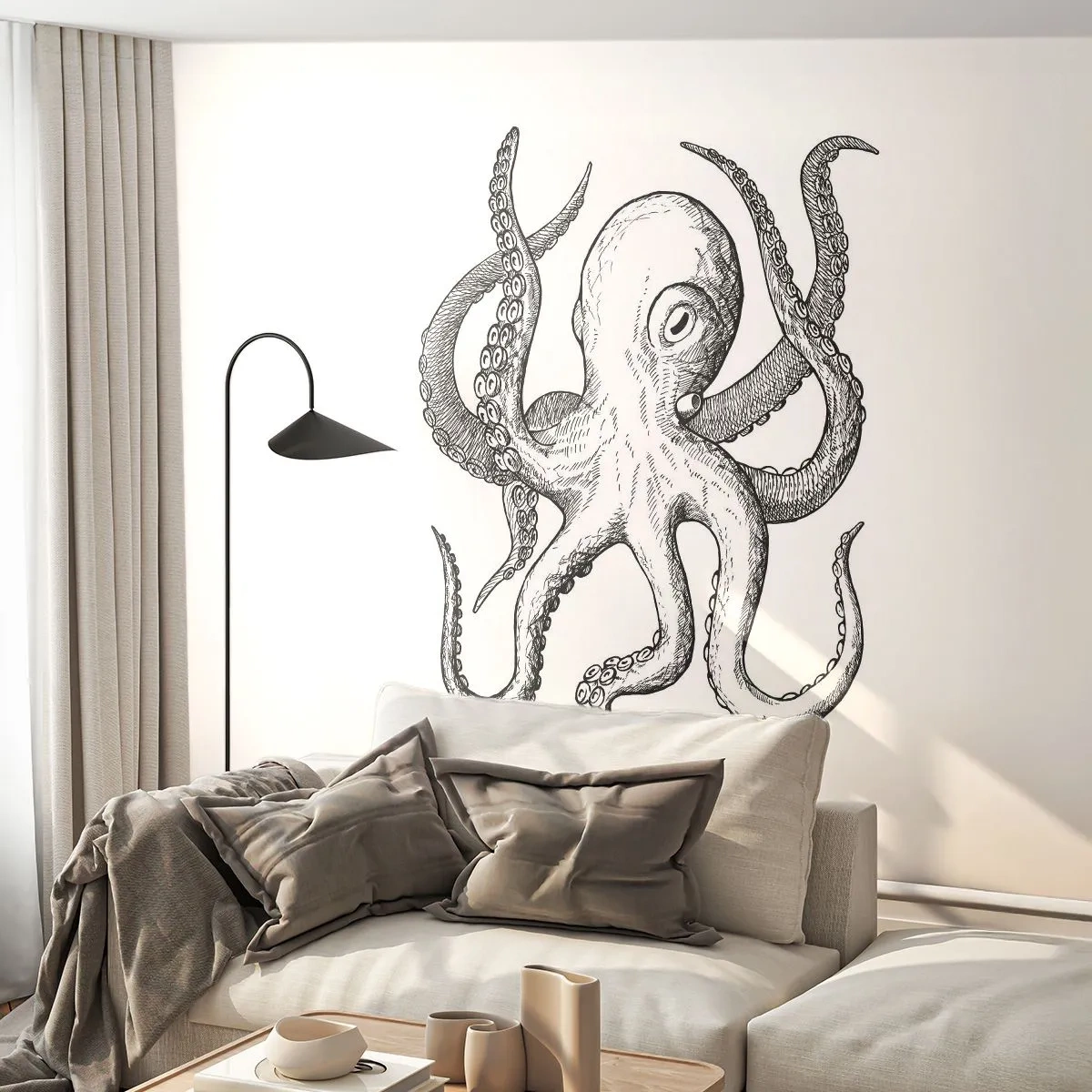 Papier peint sur mesure Premium Sand - Dansant avec les vagues - Pieuvre, Dessin, Bord de mer