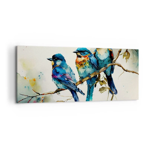 Impression sur toile - Image sur toile - Trois oiseaux colorés sur une branche dans un style aquarelle - 120x50cm - A-t-il été offensé ? - Décoration murale moderne pour le salon et la chambre ARTTOR