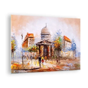 Impression sur verre - Image sur verre - Une rue pittoresque de la ville avec un bâtiment historique en arrière-plan - 70x50cm - Promenade à Paris - Décoration murale moderne pour le salon et la chambre ARTTOR