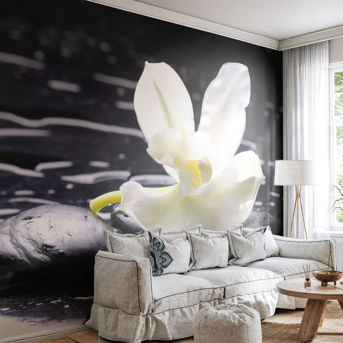 Papier Peint Photo Premium Canvas - Étude en noir et blanc - Fleurs, Des pierres, Orchidée - 450x315 cm