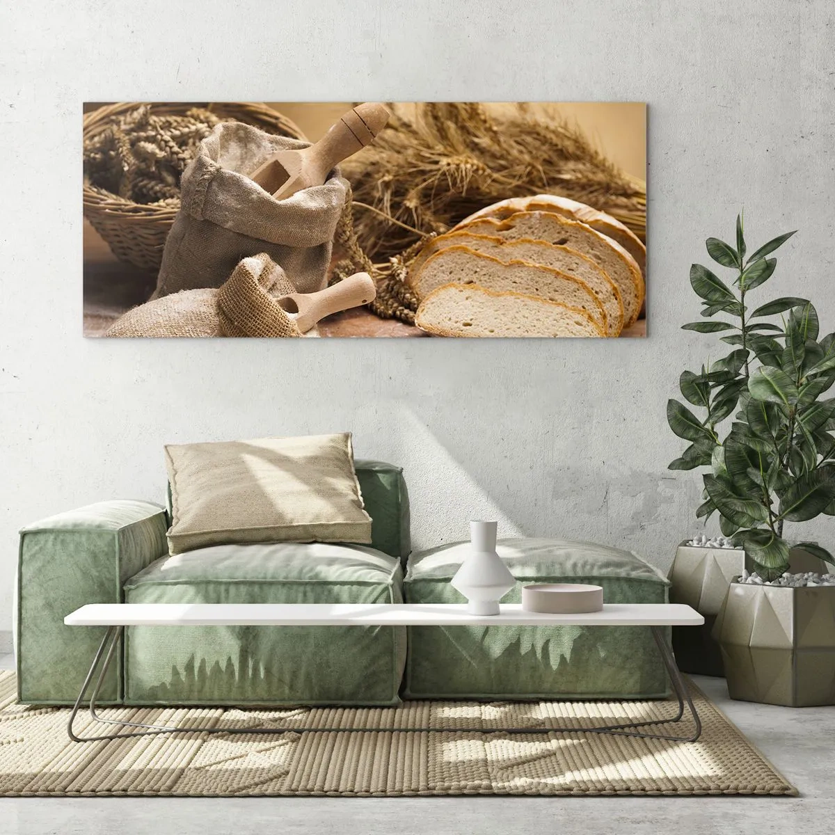 Impression sur verre - Image sur verre - Un paysage avec du pain, de la farine et des épis de blé dans un style rustique. - 140x50cm - Comment il coupe avec un couteau - Décoration murale moderne pour le salon et la chambre ARTTOR