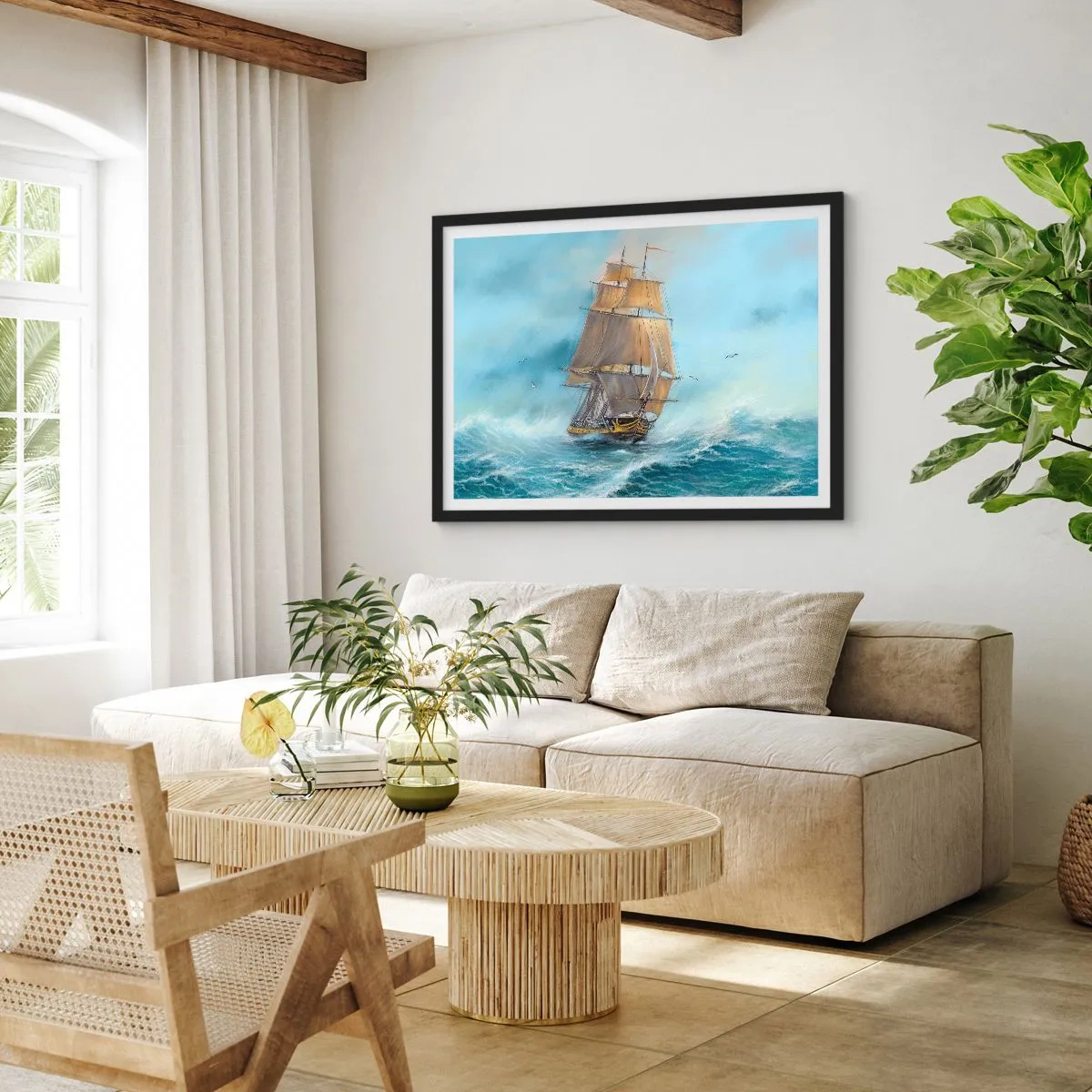 Affiche dans un cadre noir - Poster - Un voilier sur une mer agitée - 70x50cm - Se précipitant sur les vagues - Décoration murale moderne pour le salon et la chambre ARTTOR