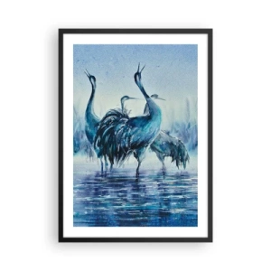 Affiche dans un cadre noir - Poster - Une image atmosphérique de grues dans un paysage aquatique bleu - 50x70cm - Réunion matinale - Décoration murale moderne pour le salon et la chambre ARTTOR
