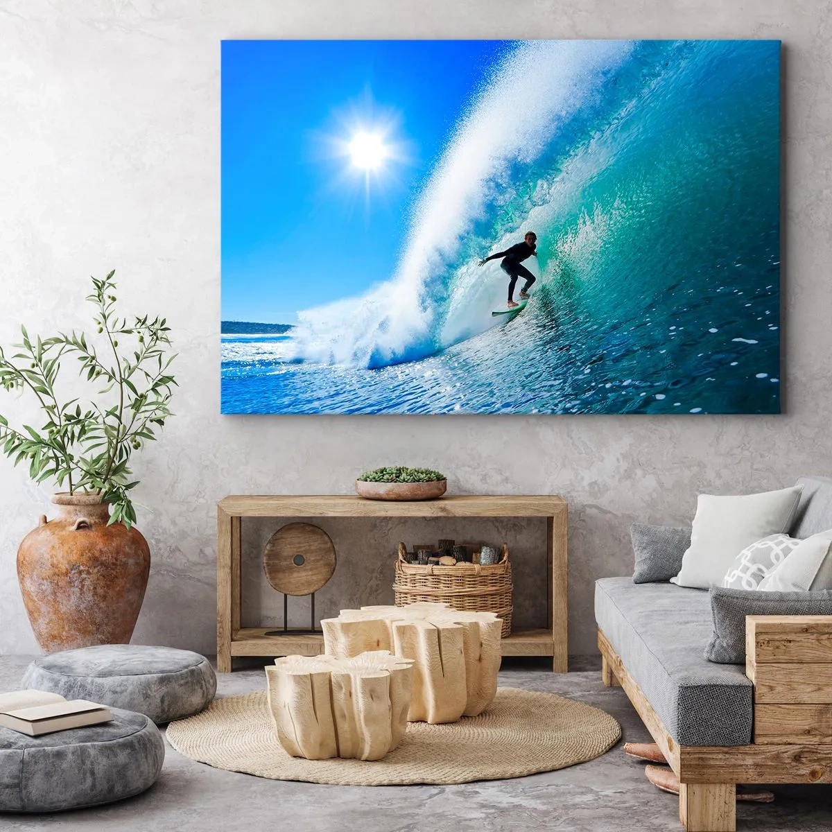 Impression sur toile - Image sur toile - Un surfeur sur une planche chevauche une vague puissante sous un ciel bleu. - 120x80cm - A travers le grand ciel bleu - Décoration murale moderne pour le salon et la chambre ARTTOR