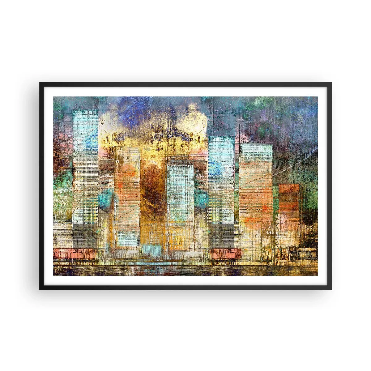 Affiche dans un cadre noir - Poster - Gratte-ciel abstraits de style industriel - 100x70cm - Une métropole ensoleillée - Décoration murale moderne pour le salon et la chambre ARTTOR