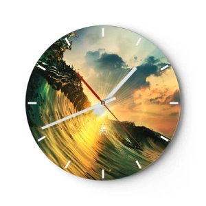Horloge murale - Pendule murale - Un coucher de soleil doré capturé à l'intérieur d'une vague de mer - 30x30cm - Surfeur, où es-tu ? - Décoration murale moderne pour le salon, la cuisine et la chambre ARTTOR