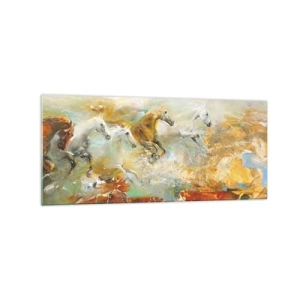 Impression sur verre - Image sur verre - Des chevaux artistiques dans un cadre dynamique et coloré - 120x50cm - Au galop vers la lumière - Décoration murale moderne pour le salon et la chambre ARTTOR