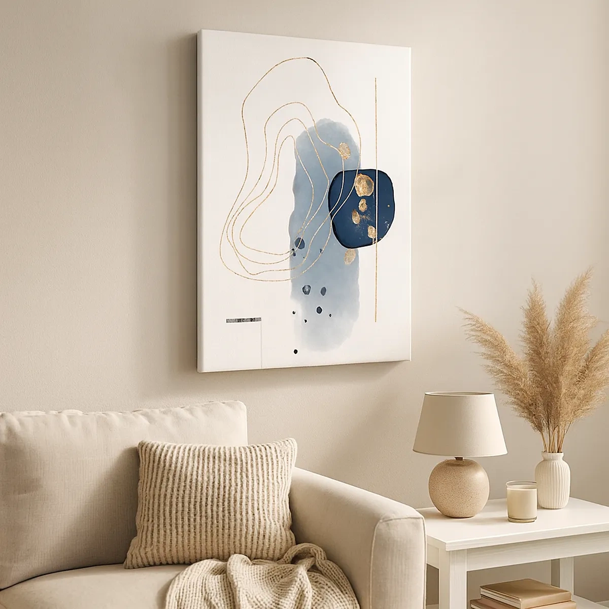 Impression sur toile - Image sur toile - Abstraction dans les tons de bleu et d'or - 50x70cm - Fantaisie bleu et or - Décoration murale moderne pour le salon et la chambre ARTTOR