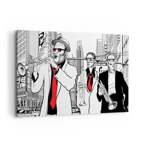 Impression sur toile - Image sur toile - Illustration de musiciens de jazz sur fond urbain - 120x80cm - Rhapsodie urbaine en noir et rouge - Décoration murale moderne pour le salon et la chambre ARTTOR