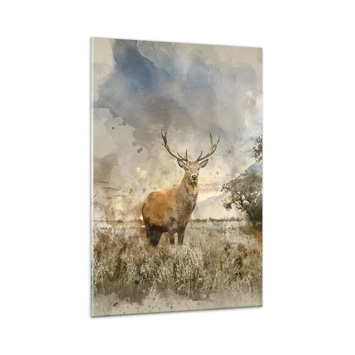 Impression sur verre - Image sur verre - Un cerf dans un cadre naturel dans un style aquarelle - 80x120cm - Dignité - force - majesté - Décoration murale moderne pour le salon et la chambre ARTTOR