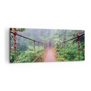 Impression sur toile - Image sur toile - Un pont suspendu dans une jungle tropicale entourée de brouillard - 120x50cm - Suspendu sur les couronnes - Décoration murale moderne pour le salon et la chambre ARTTOR