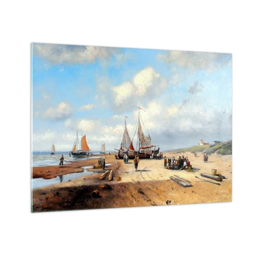 Impression sur verre - Image sur verre - Scène de plage avec des bateaux de pêche et des pêcheurs - 70x50cm - Après une capture réussie - Décoration murale moderne pour le salon et la chambre ARTTOR