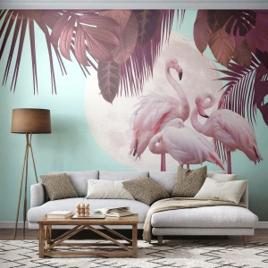 Papier Peint Photo Premium Canvas - Trois oiseaux gracieux - Flamants roses, Des oiseaux, Nature - 400x280 cm