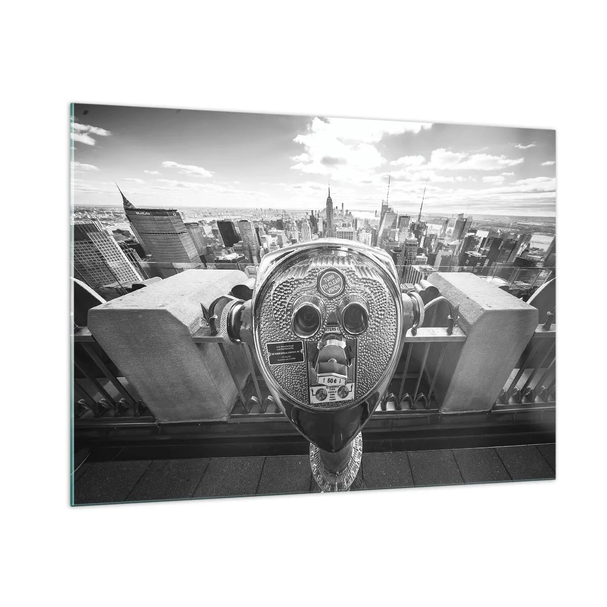 Impression sur verre - Image sur verre - Vue en noir et blanc de New York avec un télescope d'observation - 100x70cm - Ville sur les villes - Décoration murale moderne pour le salon et la chambre ARTTOR