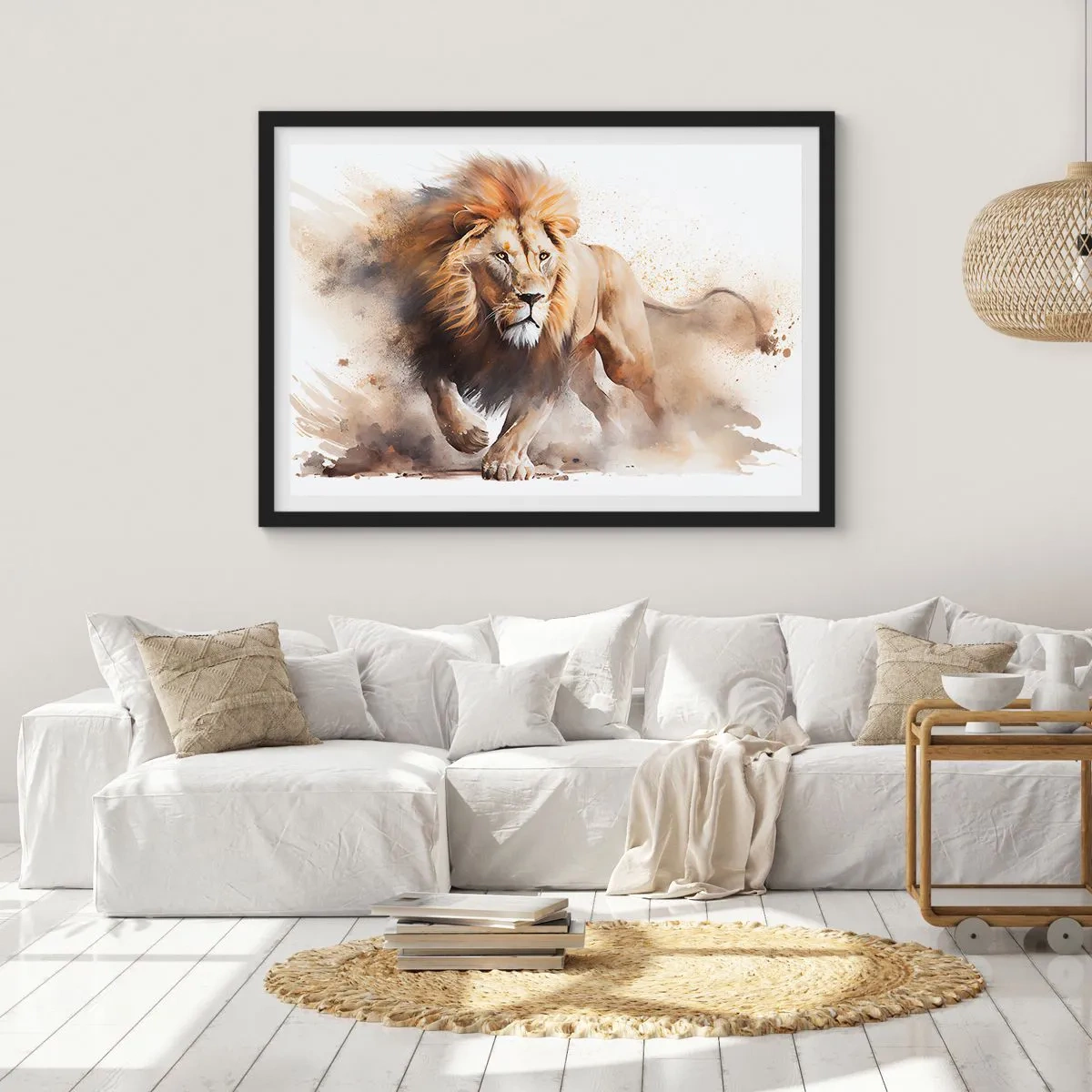 Affiche dans un cadre noir - Poster - Un portrait dynamique d'un lion aux couleurs naturelles. - 70x50cm - Le roi bougea - Décoration murale moderne pour le salon et la chambre ARTTOR