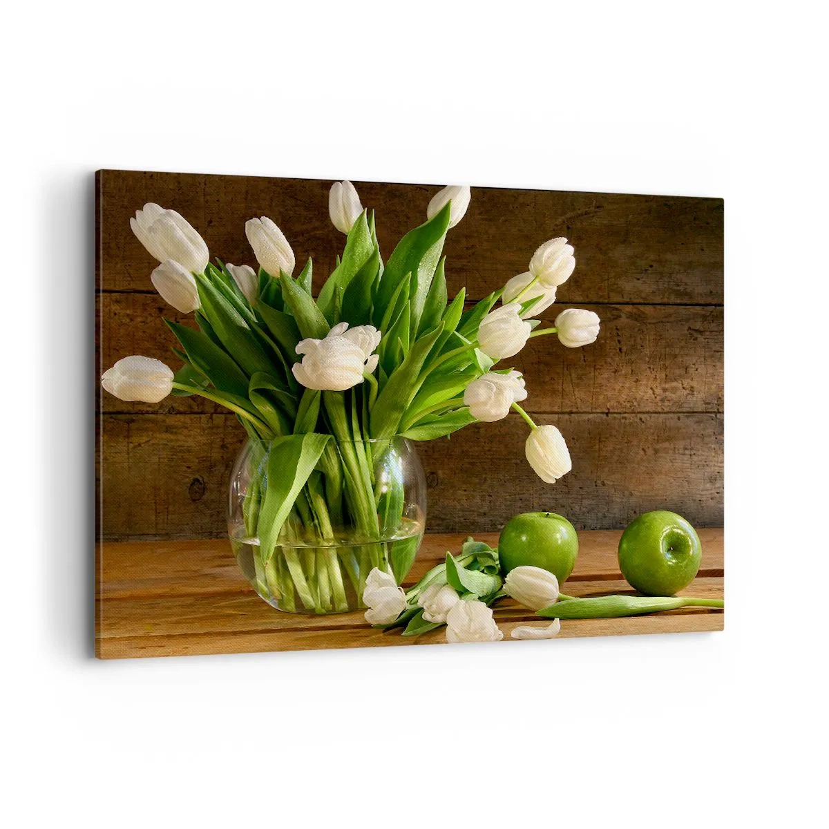 Impression sur toile - Image sur toile - Un bouquet de tulipes blanches dans un vase en verre avec des pommes vertes - 100x70cm - Juteux et frais en vert et blanc - Décoration murale moderne pour le salon et la chambre ARTTOR