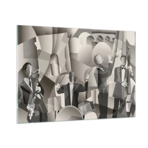 Impression sur verre - Image sur verre - Scène de groupe de jazz stylisée dans des tons monochromes - 100x70cm - Dans l'espace des sons - Décoration murale moderne pour le salon et la chambre ARTTOR