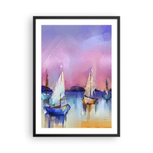 Affiche dans un cadre noir - Poster - Voiliers abstraits sur fond coloré - 50x70cm - Direction: les eaux larges - Décoration murale moderne pour le salon et la chambre ARTTOR
