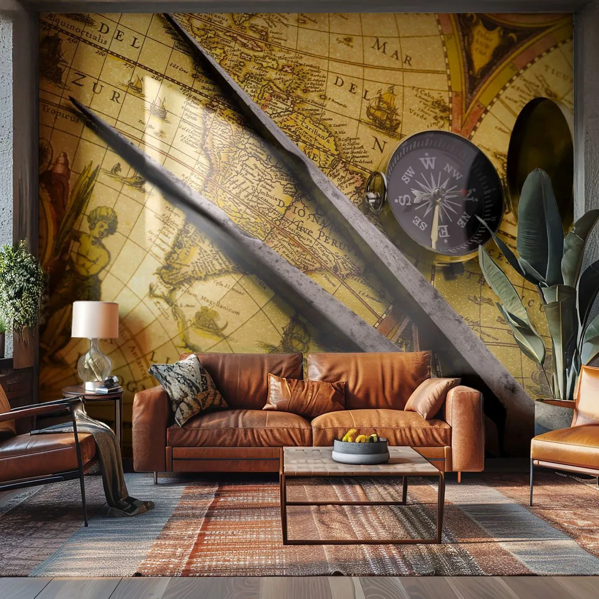 Papier Peint Photo Premium Canvas - Où sont ces trésors? - Boussole, Carte du monde, Voyages - 250x175 cm