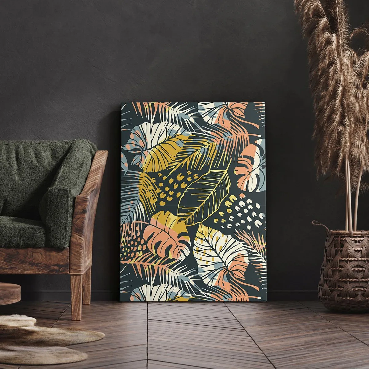 Impression sur toile - Image sur toile - Feuilles colorées sur fond sombre - 50x70cm - Fantaisie feuillue - Décoration murale moderne pour le salon et la chambre ARTTOR