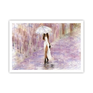Affiche - Poster - Une femme avec un parapluie marchant sous la pluie dans des tons lilas - 100x70cm - Sous la pluie lilas - Décoration murale moderne pour le salon et la chambre ARTTOR