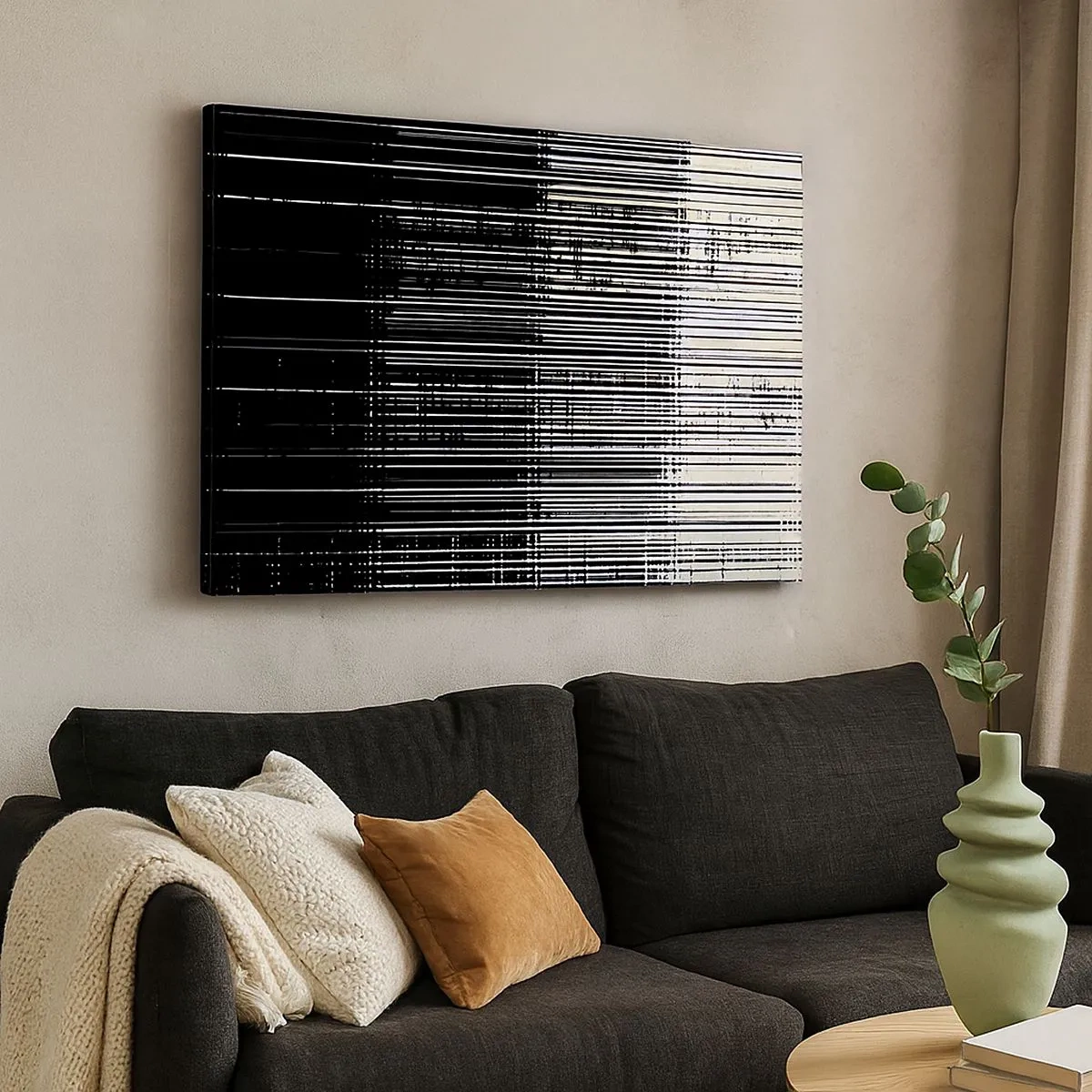 Impression sur toile - Image sur toile - Composition abstraite de lignes en noir et blanc contrastés - 70x50cm - Ondes et vibrations - Décoration murale moderne pour le salon et la chambre ARTTOR